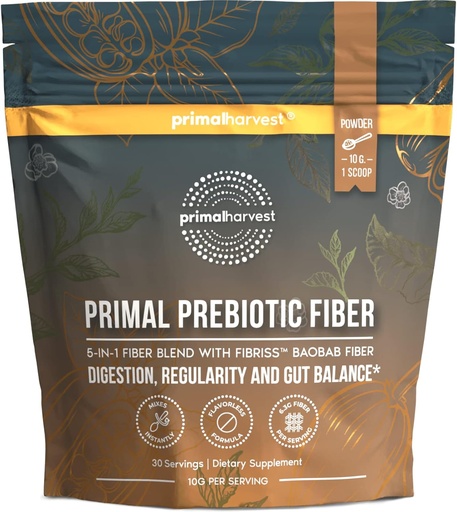 [BRSRMHADDINBECAZ] Primal Harvest Prebiotic Fiber Powder Unflavored, 30 Servings 5 in 1 Daily Supplement with Organic Acacia and Fibriss Organic Baobab Powder.