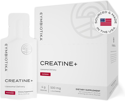 [BRSRMHQZOUCR6YDJ] CYMBIOTIKA Creatina+, Creatina si Glutamina Supliment pentru Amino Energy, Recuperare, Mass musculare & Brain Support, Livrare lipozomala, Gluten gratuit & Vegan, Aroma de zmeura - 30ml pungi (Pachet de 20)