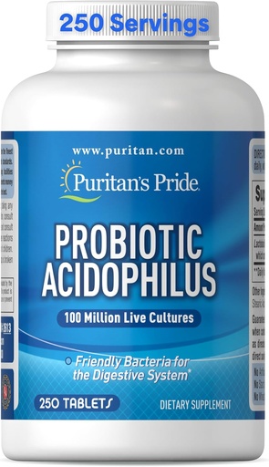 [BRSWIZQ3OVYQ4CAZ] Puritanin Pride Daily Probiootti Acidophilus, 100 miljoonaa elävää kulttuuria, ravintolisä digestiiviselle, Gutille ja immuuniterveydelle, soijalle, natriumille ja gluteenittomalle, 8 kuukauden toimitus, 250 tablettia