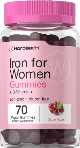 [BRSRO2QFOAHGG3LL] Horbäach Iron Gummies for Women | 70 Count | Grape Flavor | תוסף עם ויטמין B Folate ו- Zinc | טבעוני, Non-GMO & Gluten Free