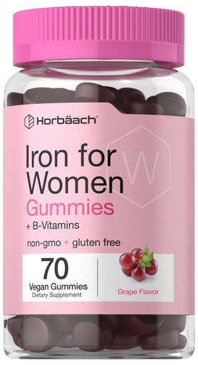 [BRSRO2QFOAHGG3LL] Horbäach Iron Gummies for Women | 70 Count | Grape Flavor | Supplement with B Vitamins Folate and Zinc | Vegan, Non-GMO & Gluten Free