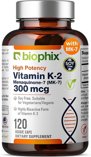 [BRSWKZAMBEAWO2DI] biophix Vitamin K2 MK-7 300mcg, 120 Vegan Capsules – High-Potency Supplement for Bone Strength and Immune Health