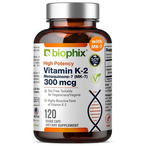 [BRSWKZAMBEAWO2DI] biophix Vitamin K2 MK-7 300mcg, 120 Vegan Capsules – High-Potency Supplement for Bone Strength and Immune Health