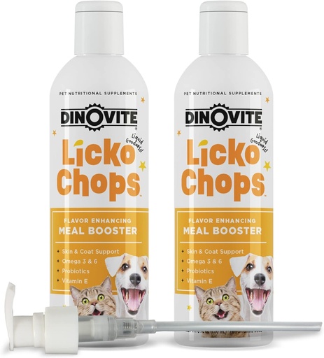 [BRSWGAYHBEMBQC37] Dinovite Lickochops for Dog & Cat Supplement Enhanced with Omega-6, 3 Fatty Acids, Probiotics and Vitamin E, 16 oz with Pump