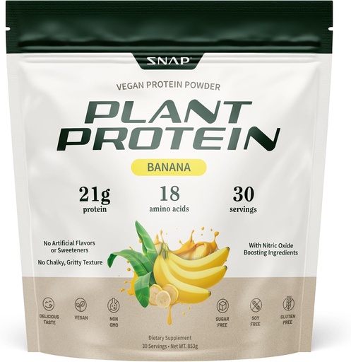 [BRSWY2T5DN6QY2Y7] Snap Supplements Organic Plant Based Vegan Protein Powder Nitric Oxide Boosting Protein Powder, BCAA Amino Acid for Muscle Growth, Performance & Recovery - 30 Servings (Banana)