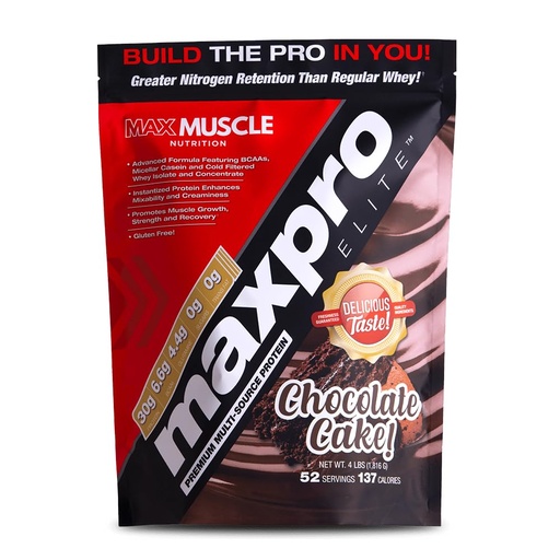 [BRSRMYATAQGWAHLB] Max Muscle Maxpro Elite Whey Protein Powder | 30g Protein | 0g Sugar | 6.6g BCAAs | Micellar Casein Cold Filtered Whey Isolate Protein | Promotes Muscle Growth & Recovery (Chocolate Cake, 4lb)