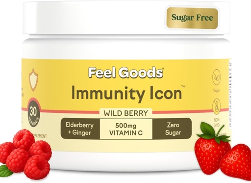 [BRSRAZADOIFWY3TG] Feel Goods Immunity Icon, Zero Sugar, Vitamin C, A, B, D, E & Zinc, Organic Elderberry, Ashwagandha, Drink Mix Powder, Vegan, Non GMO, Caffeine & Gluten Free | Wild Berry, 30 Servings