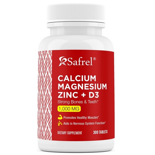 [BRSRMAADDN6GM3QU] Safrel | Calcium Magnesium Zinc with Vitamin D3 | Calcium 1000 mg + Magnesium 400 mg + Zinc 20 mg + D3 600 IU | Tablets | 300 Count | Bone and Immune Support | Daily Mineral Blend