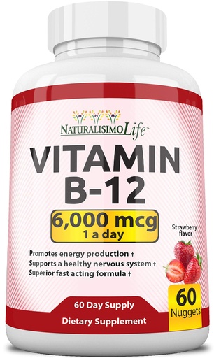 [BRSWYAT2DFYRYD3X] NaturalisimoLife Vitamin B12 6,000 mcg – Quick Dissolve Strawberry Flavor Nuggets – 60 Nuggets, Non-GMO, Vegan, Gluten Free
