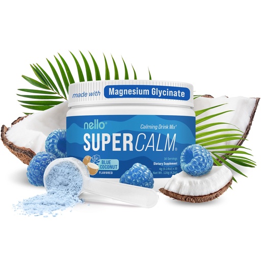[BRSRA2QCO4CAIAL5] Nello Supercalm Powdered Drink Mix Tub, Cortisol Reducer* and Sleep Aid Supplement, L Theanine, Ksm-66 Ashwagandha, Magnesium Glycinate, Vitamin D 3, No Sugar, Non GMO, On The Go, 30 Ct, Blue Coconut