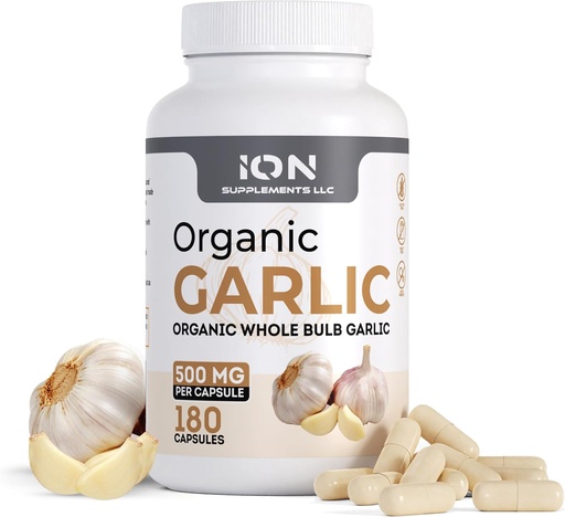 [BRSRAZYCBUIWOELX] Ion Supplements | Herbal Organic Hele Bulb Hvitløk Kapsler | 500 mg per Cap, 180 Caps | Ingen fyllemidler eller flytmidler | 100% naturlige rot