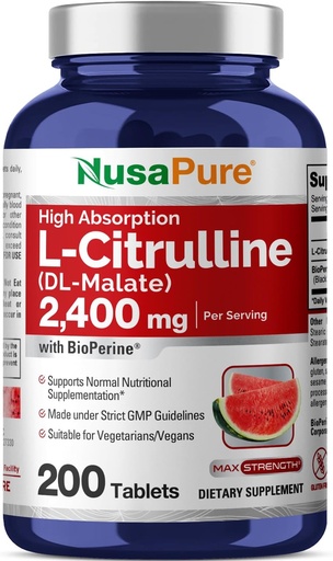 [BRSWGGQ5CNYBOFAU] NusaPure L-Citrulline 2,400mg 200 Tabletas Vegetarianas (No-GMO, Gluten Free, 100-Day Supply, Bioperine)