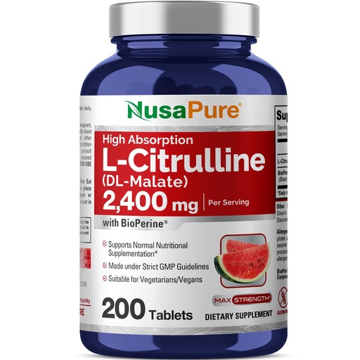 [BRSWGGQ5CNYBOFAU] NusaPure L-Citrulline 2,400mg 200 Vegetarian Tablets (Non-GMO, Gluten Free, 100-Day Supply, Bioperine)