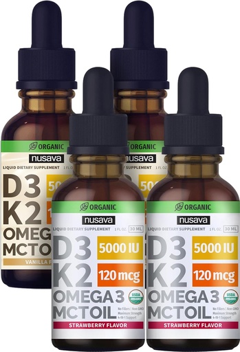 [BRSROGATA4PG2DTB] NUSAVA Strawberry Flavored D3 K2 Liquid Drops and Vanilla Flavored D3 K2 Liquid Drops Bundle - Potent Liquid Vitamins for Heart, Joint, Bone, Muscle, & Immune Support - Non-GMO, Gluten-Free, 2pk Each