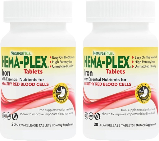 [BRSRMEAZAAMB4EQ3] NaturesPlus Hema- Plex Iron - 30 Slow-Release Tablets, Pack of 2 - Total Blood Health - 85 mg Chelated Iron - med vitamin C & Bioflavonoider - Ikke GMO, Vegetar & Gluten Free - 60 Total Servering