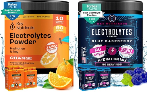 [BRSRAH3QAFYBG2TA] KEY NUTRIENTS Multivitamin Electrolytes Powder Bundle - Tangy Orange & Sweet Blue Raspberry - No Sugar, No Calories - Hydration, Endurance, and Energy Supplement - 90 Servings Each - Made in USA