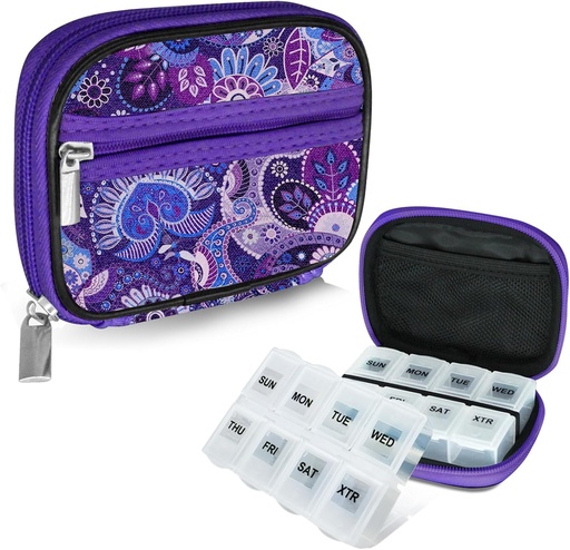 [BRSROGQQB5YGEFLF] Serfeymi Weekly Travel Pill Korraldaja Pill Juhul rahakotiga Eemaldatav 7 päeva Pill Box, Moodne Reisimeditsiini Korraldaja Pill Konteiner Meditsiin, Vitamiin, täiendus - Purple 01 + Pill Box