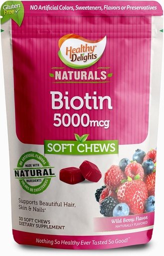 [BRSWKG34A54BYFIZ] Healthy Delights Naturals, Biotin Soft Chews, Supports Lustrous Hair, Glowing Skin & Strong Nails, Delicious Wild Berry Flavor, 30 Count
