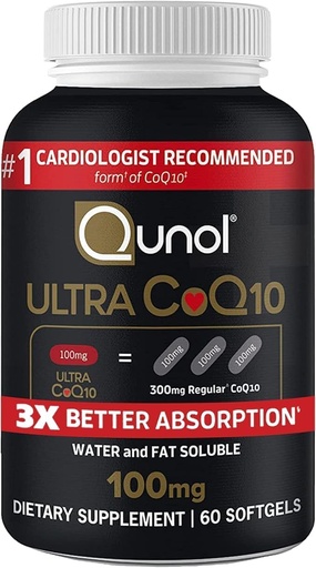 [BRSWIHT3BMIAOCDO] Qunol Ultra CoQ10 100mg 3X Better Absorption Patented Water and Fat Soluble Natural Supplement Form Coenzyme Q10 Antioxidant for Heart Health Packs Softgels, 60 Count