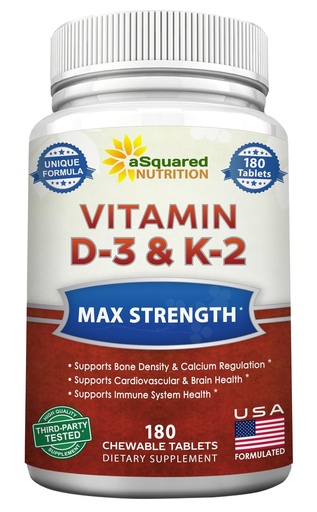 [BRSWKFACCMARA3I5] aSquared Nutrition Vitamin D3 with K2 Supplement-180 Chewable Tablets, Max Strength D-3 Cholecalciferol & K-2 MK7 to Support Healthy Bones, Teeth, Heart -Antioxidant D3 & K2 MK-7 Energy Formula Adults