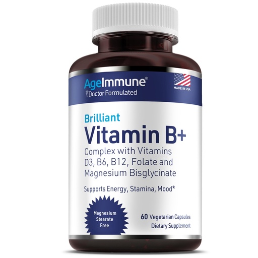 [BRSWIBARAQBR4CI7] AgeImmune Vitamin B Complex with Vitamin D3 B12 B6 Magnesium Bisglycinate and Folate as Methylfolate - Doctor Formulated Methylated B Complex Supplement – 60 Capsules - Without Niacin