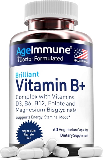 [BRSWIBARAQBR4CI7] AgeImmune Vitamin B Complex with Vitamin D3 B12 B6 Magnesium Bisglycinate and Folate as Methylfolate - Doctor Formulated Methylated B Complex Supplement – 60 Capsules - Without Niacin