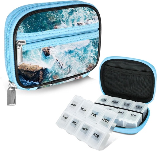 [BRSRAFQBA4DQE23F] Serfeymi Weekly Travel Pill Organizatora Pill Case Purse with Removal 7 Day Pill Box, Modes Travel Medicine Organizators Pill Konteiners medicīnai, Vitamīns, Papildinājums - Blue 03 + Pill Box