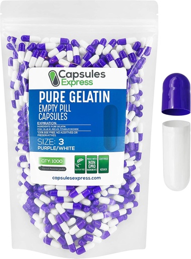 [BRSWY2QLOYAWC333] XPRS Nutra Size 3 Empty Capsules - 1000 Count Empty Gelatin Capsules - Pills DIY Capsule Filling - Pure Bovine Pill Gel Caps Fillable for Do-It-Yourself Vitamins and Supplements (Purple/White)