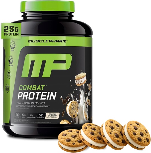 [BRSWIZQMBMIR6DA7] MusclePharm Combat Protein Powder, Cookies 'N' Cream Flavor, Fuels Muscles for Productive Workouts, 5 Protein Sources including Whey Protein Isolate &amp; Egg Albumin, Gluten Free, 4 lb, 52 Servings