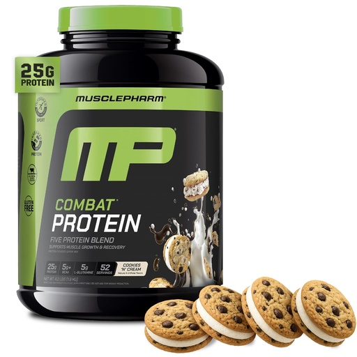 [BRSWIZQMBMIR6DA7] MusclePharm Combat Protein Powder, Cookies ‘N’ Cream Flavor, Fuels Muscles for Productive Workouts, 5 Protein Sources including Whey Protein Isolate & Egg Albumin, Gluten Free, 4 lb, 52 Servings