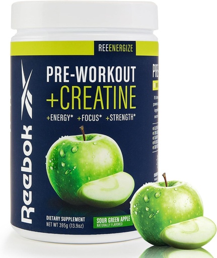 [BRSRAGTRCENGMADU] Reebok pre-Workout אבקה | 200 מ"ג טבעי Caffeine, 3g Creatine Monohydrate | אנרגיה נקייה עבור כוח, Focus & Pump | Informed-Sport Certified | ReeEnergize | Sour Green Apple