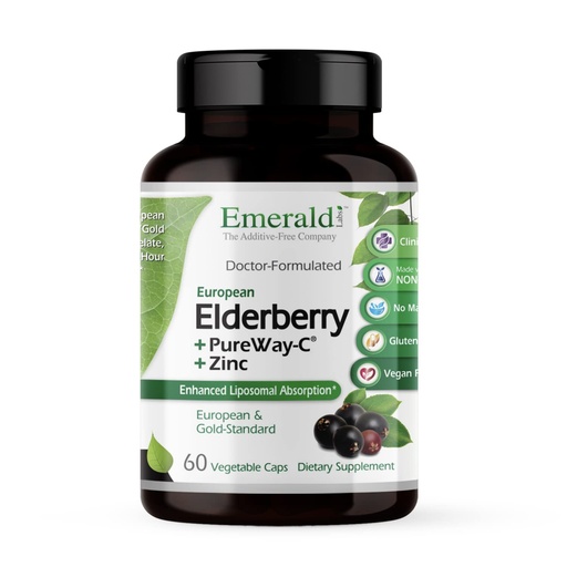 [BRSWYEIYCUFA43DV] EMERALD LABS Elderberry Plus - Digestive & Immune Support with European Elderberry Extract, Vitamin C as PureWay-C & Albion Chelated Zinc - Vegan & Gluten-Free - 60 Vegetable Capsules (30-Day Supply)