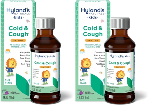 [BRSRMGLYC4CAGYDZ] Hyland's Naturals Kids Cold & Cough, Daytime Grape Flavor Cough Syrup Medicine for Kids Ages 2+, Decongestant, Sore Throat & Allergy Relief, Trattamento naturale per sintomi freddi comuni, 4 Fl Oz