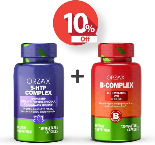 [BRSRMFIBAUDW2G3G] ORZAX 5 HTP Complex 100 Mg 120 Vegatable Capsules and Vitamin B Complex, B Vitamins with Choline & Inositol 120 Capsules, Bundle