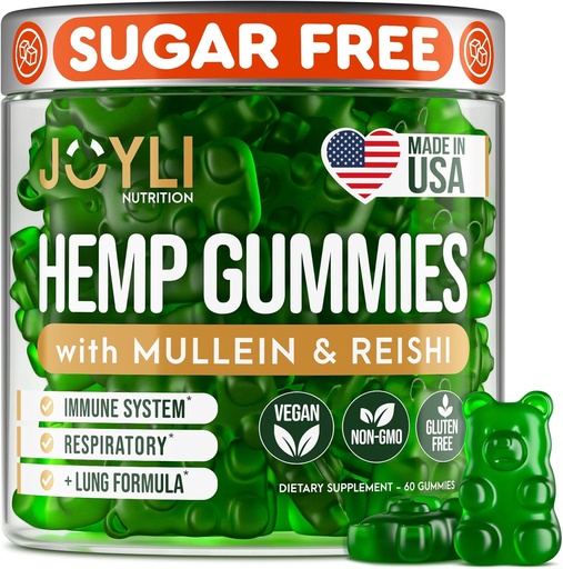 [BRSW2GAFO4MROCD4] JOYLI Hemp Gummies - Natural Lung Cleanse med Mullein Leaf & Reishi Mushroom - Extra Strength Clean Lung Support Supplement med vitamin A, C, D & E - Sugar-Free, Vegan, Non-GMO - 60 Edibles