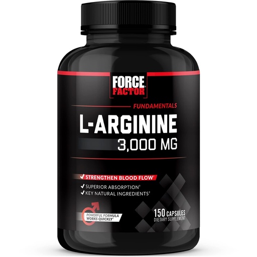 [BRSWYBIDCAFR62DK] Force Factor L-Arginine Nitric Oxide Supplement with BioPerine to Help Build Muscle and Support Stronger Blood Flow, Circulation, Nutrient Delivery, and Pumps, L-Arginine 3000mg, 3g, 150 Capsules