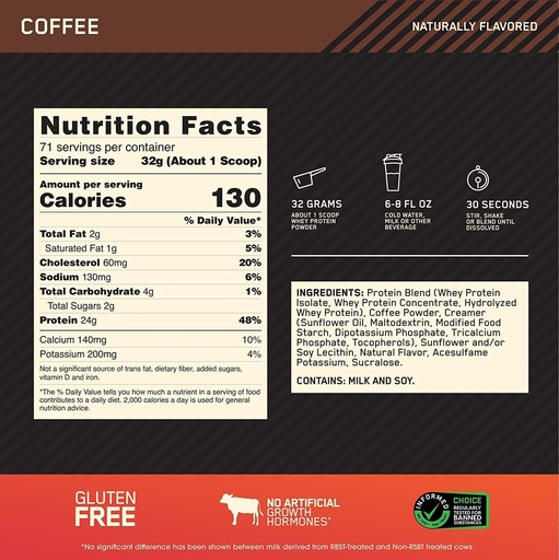 [BRSWECQBO4MB633K] OPTIMUM NUTITION GOLD STANDARD 100% Whey Protein Powder, Kahvi, 5 punta