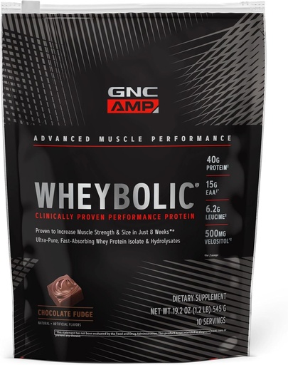 [BRSWYCA2DF7GKHLO] GNC AMP Wheybolic Clinically Proven Protein Powder, 40g Whey Protein, BCAA, Leucine, Increases Muscle Strength, Muscle Building, 3rd Party Tested, Chocolate Fudge, Gluten Free, 10 Servings