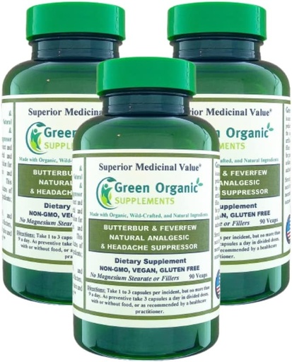 [BRSRMYDRB4FAAA3P] Green Organic Supplements Butterbur, Feverfew, Analgesic, Painkiller, & Headache Suppressor, 90 VCaps, High Absorbable, Non-GMO, Gluten-Free (Pack of 3)