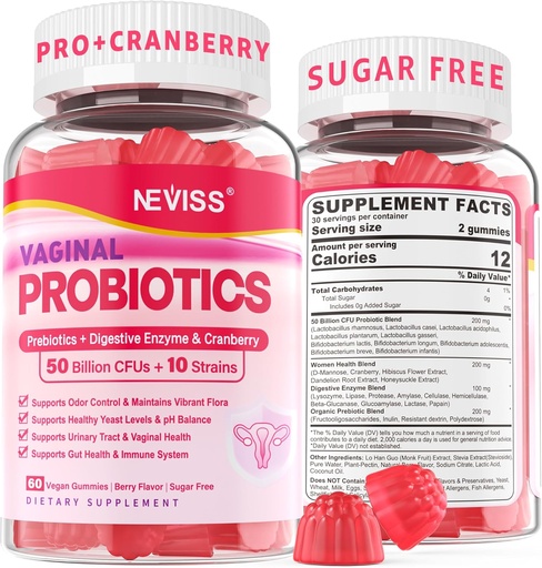 [BRSROFDQOJ6QEFDX] Probiotiques vaginaux Gummies pour les femmes PH Balance, Contrôle de l'odeur avec les prébiotiques, canneberge, D-mannose, favorise la flore vaginale féminine saine, le trac urinaire, levure, soutien digestif, sans sucre, 60Cts