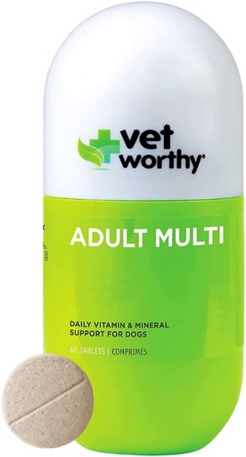 [BRSWGZTYAV4G2ADF] Vet Worthy Adult Multi Vitamins - Multivitamin for Dogs to Support Optimum Health and Overall Wellness - Dog Supplement with Iron, Magnesium, Zinc, Vitamin A, B Vitamins - Liver Flavor, 60 Tablets