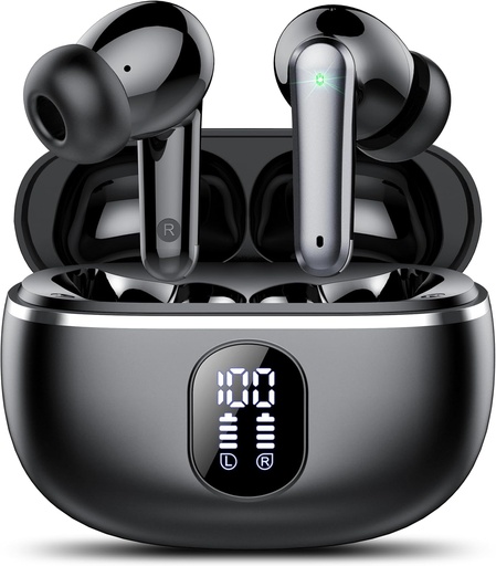 [BRSRAFIZO4BAMA34] Wireless Earbuds, Bluetooth 5.3 Headphones Big Bass Stereo, Ear Buds with Noise Cancelling Mic LED Display, in Ear Earphones IP7 Waterproof, 50H Playtime for Sports, Black