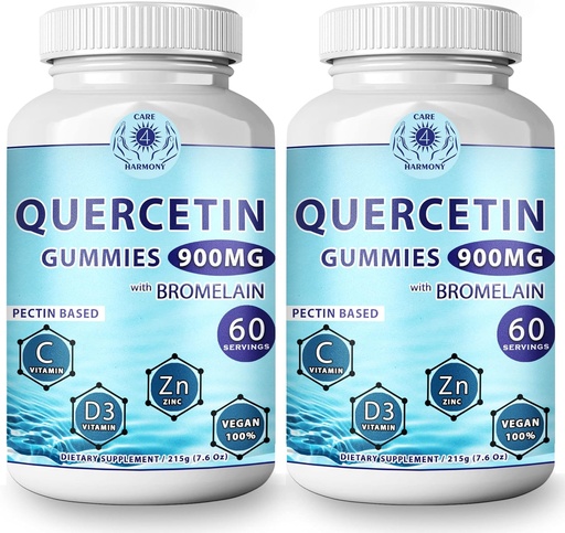 [BRSW2H3RBABAOHYY] (2 Pack) Quercetin Gummies - Quercetin med Bromelain Vitamin C + Zink Vitamin D3 - Chewable Quercetin 900mg Supplements - Quercetin för barn och vuxna (2)