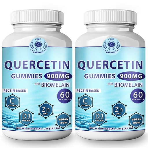 [BRSW2H3RBABAOHYY] (2 Pack) Quercetin Gummies - Quercetin with Bromelain Vitamin C + Zinc Vitamin D3 – Chewable Quercetin 900mg Supplements - Quercetin for Kids and Adults (2)