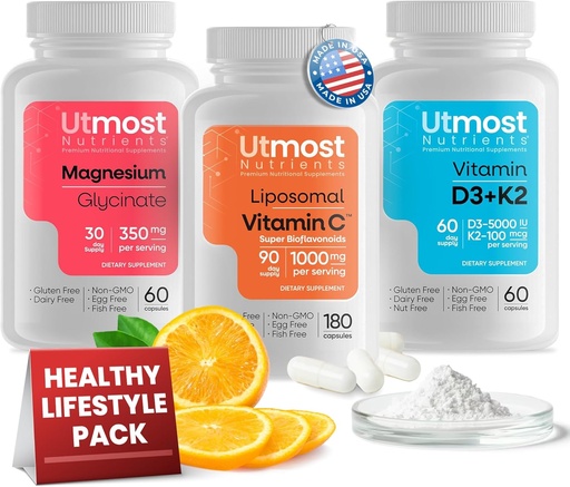 [BRSRABT5CR5Q23T7] Liposomal Vitamin C with Super Bioflavonoids 1000MG (180 capsules), Vitamin D3 with K2 5000IU (60 Capsules) and Magnesium Glycinate 350MG (60 Capsules) – Non-GMO, Gluten-Free Suppleme