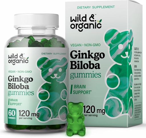 [BRSW2EAPO4GRYDI6] Wild & Organic Gingko Biloba 120mg Gummies - Brain Support and Focus Supplement w/Ginkgo Biloba Extract - Vegan, Non-GMO - 60 Pectin-Based Herbal Chewables