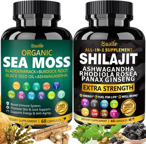 [BRSRAZA3BMPBSADJ] Bualle Sea Moss y Shilajit Bundle-Sea Moss 300mg,Black Seed Oil 100mg,Ashwagandha 50mg,Ginger & Shilajit 300mg,Rhodiola Rosea 100mg,Panax Ginseng 50mg,Todo en 1 Suplementos-USA Made(2 Pack)