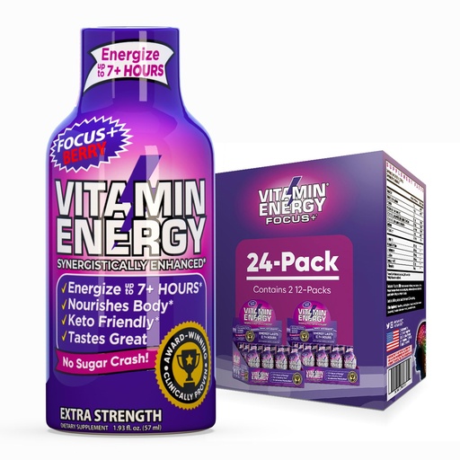 [BRSRAGL6CQBGEHL4] Vitamin Energy Focus+ Extra Strength Energy Shot Berry 24 Pack, 260mg Natural Caffeine, B-Vitamins, CoQ10, Amino Acids, Focus, Productivity & Clarity, Zero Sugar, Gluten-Free, 1.93 fl oz