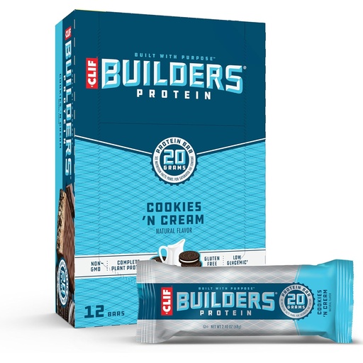 [BRSWIYT7OVYQKAYZ] CLIF BUILDERS Protein Bars - Cookies 'n Cream Flavor - 20g Plant Based Protein - Gluten Free - Non-Glycemo - Tidak ada Maneteners Artificial - 2.4 oz. (12 Pack)