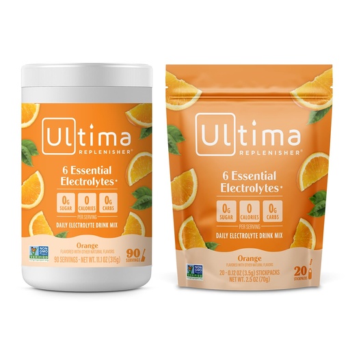 [BRSWYFTRDMOWK33D] Ultima Replenisher Electrolyte Powder Drink Mix Bundle – Sugar Free – Orange, 90 Serving Canister and 20 Stickpacks – 6 Electrolytes and Minerals – Keto Friendly, Vegan, Non-GMO